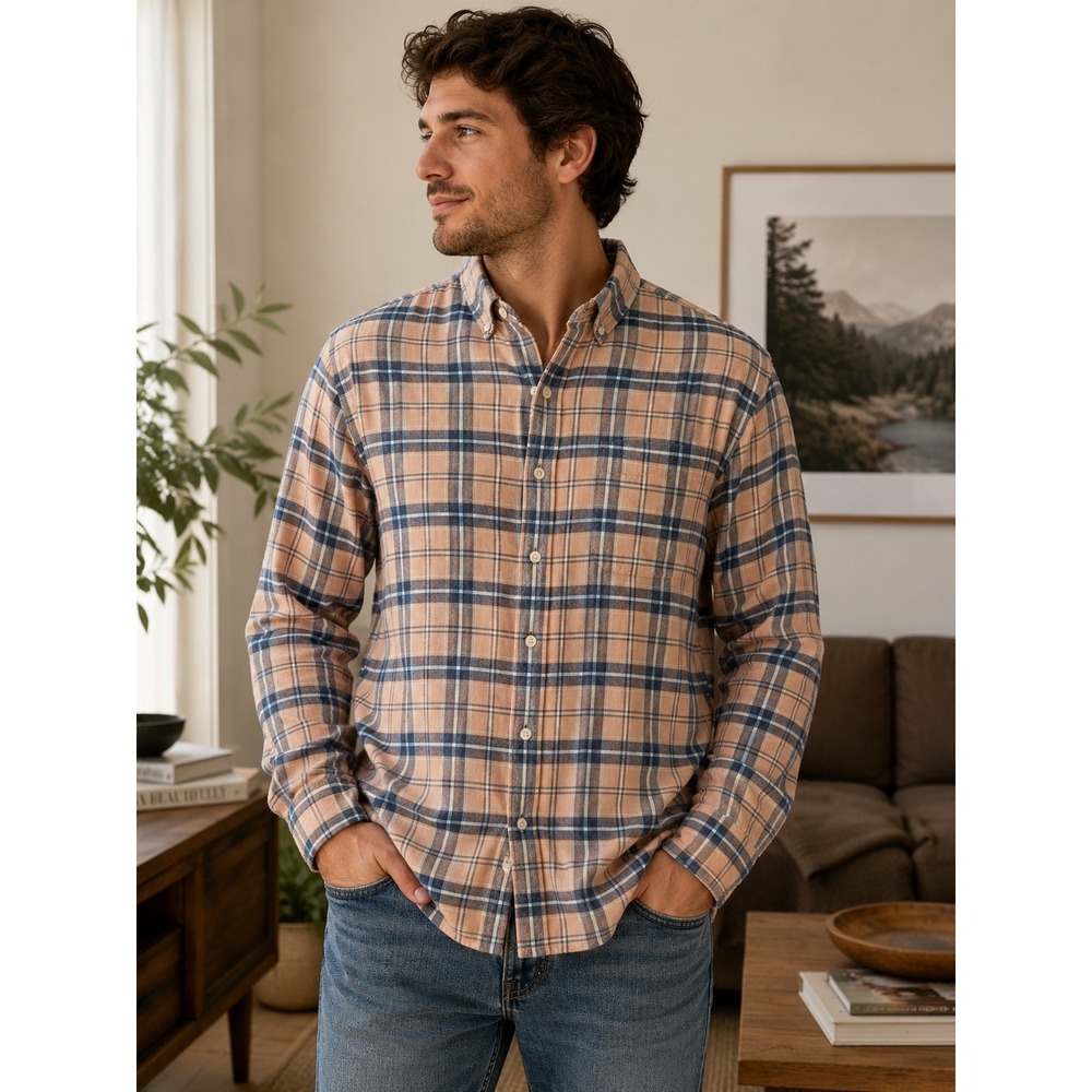 Abercrombie & Fitch Mens XL Flannel Plaid Button Down Peach Blue Long Sleeve